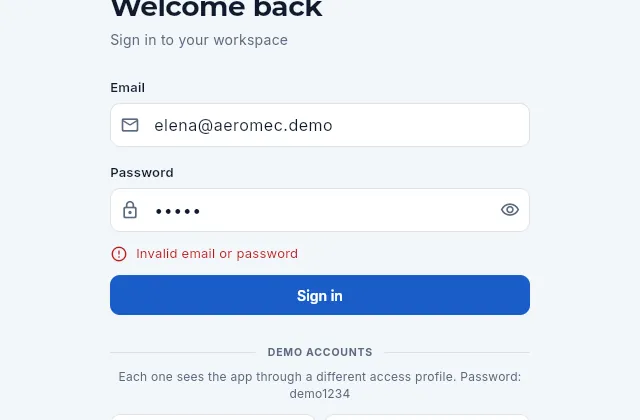 If the email or the password is wrong, Aeromec says so below the form.