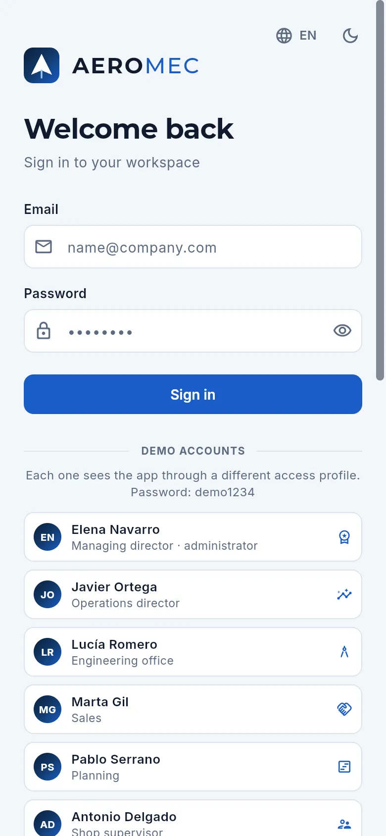 The sign-in screen on a phone: the form and, below it, the demo accounts.
