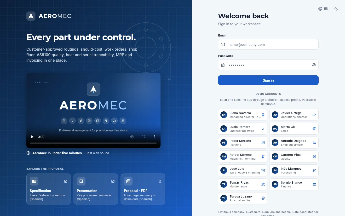 The sign-in screen on a computer: on the left, the Aeromec presentation with its video; on the right, the form to sign in.