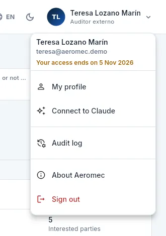 The menu of Teresa, the demo's external auditor: her access ends on a set date.