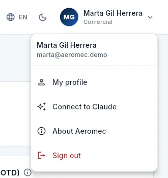 Marta's menu («Comercial», the sales profile): no Users, Settings or Audit log.