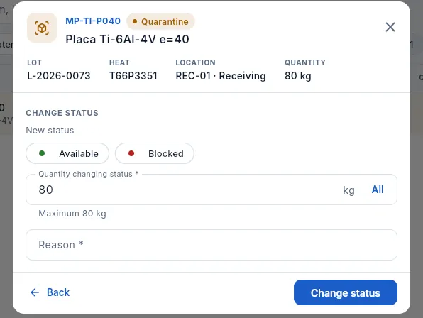 Changing the status of the quarantined plate, with the administrator profile (not confirmed).