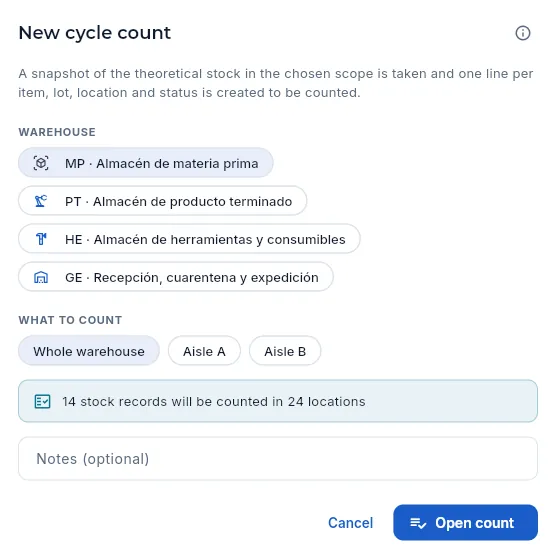 Opening a cycle count: you choose the warehouse and what to count (not confirmed).