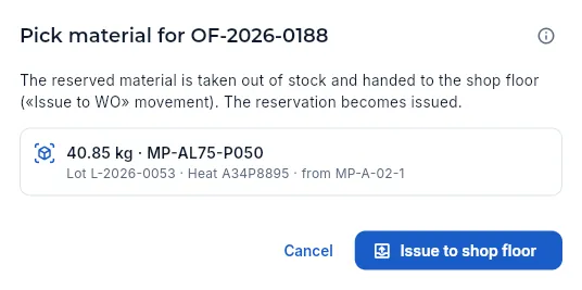 Picking a work order's material: the lot, heat and slot it comes from (not confirmed).