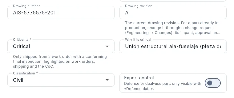 Criticality, reason and drawing revision in the AMP-1015 form (not saved).