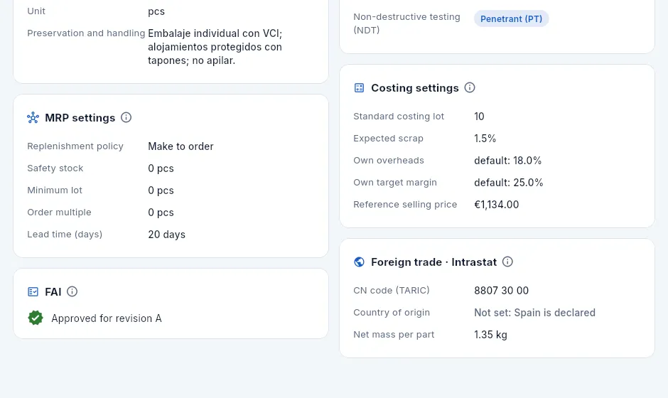 The lower part of the Summary: replenishment, FAI, costing settings and foreign trade.