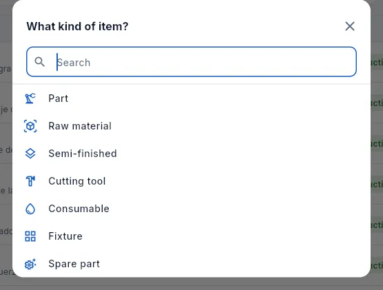 «What kind of item?», the first step when adding an item.