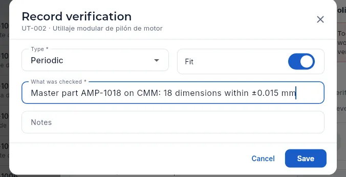 «Record verification» for UT-002 (not saved or signed).