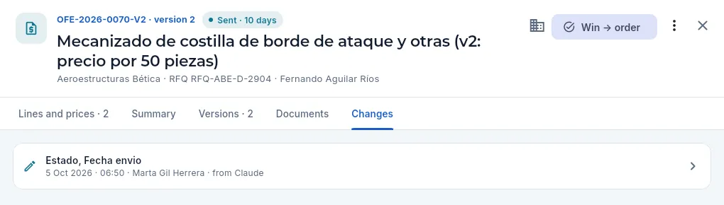 The Changes tab of a quote: its own changes, most recent first.