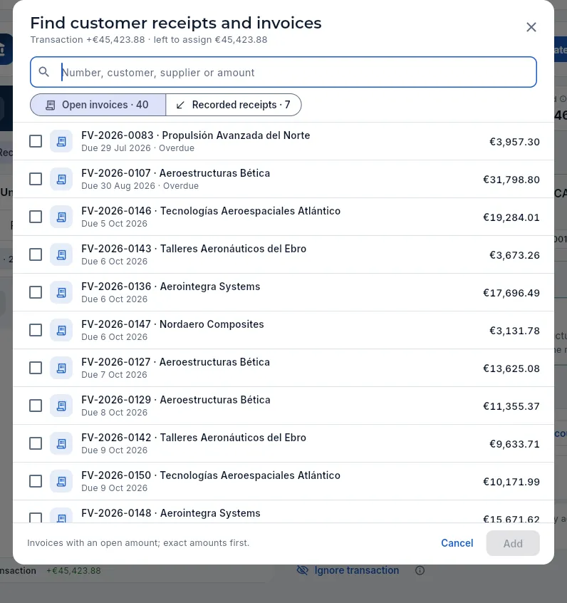 Finding receipts and invoices for the transfer that pays several invoices.