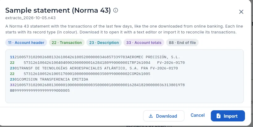 The demo sample statement, record by record (not imported).