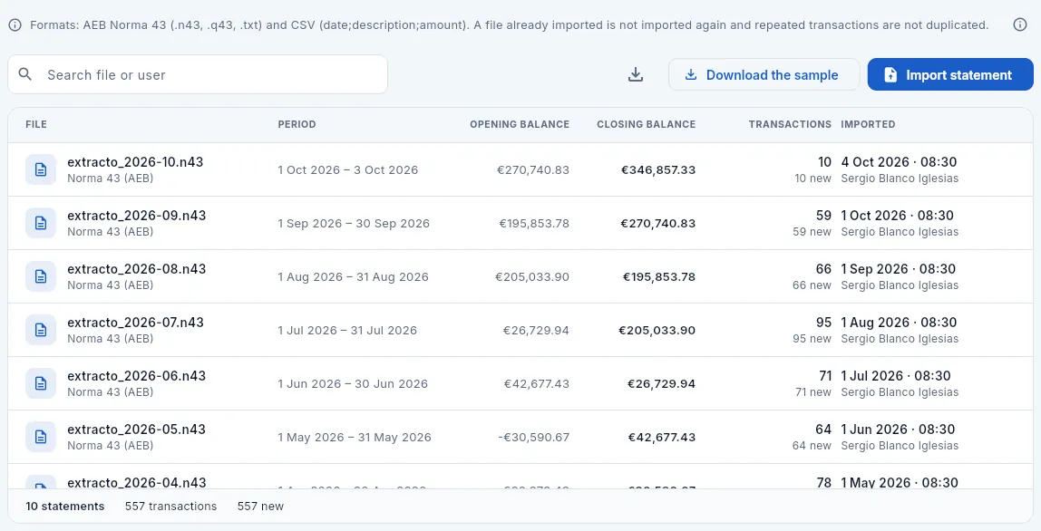 Statements: the files imported for the account, newest first.