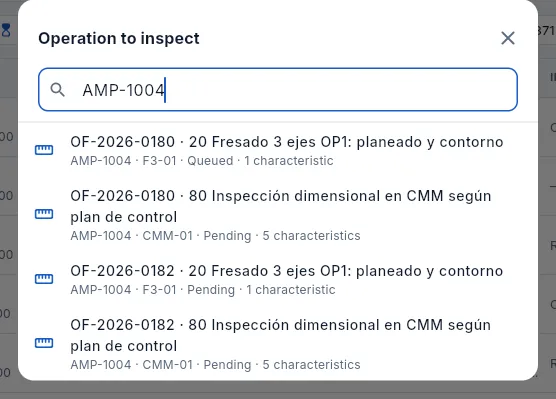 Choosing the operation to inspect, searching for part AMP-1004.