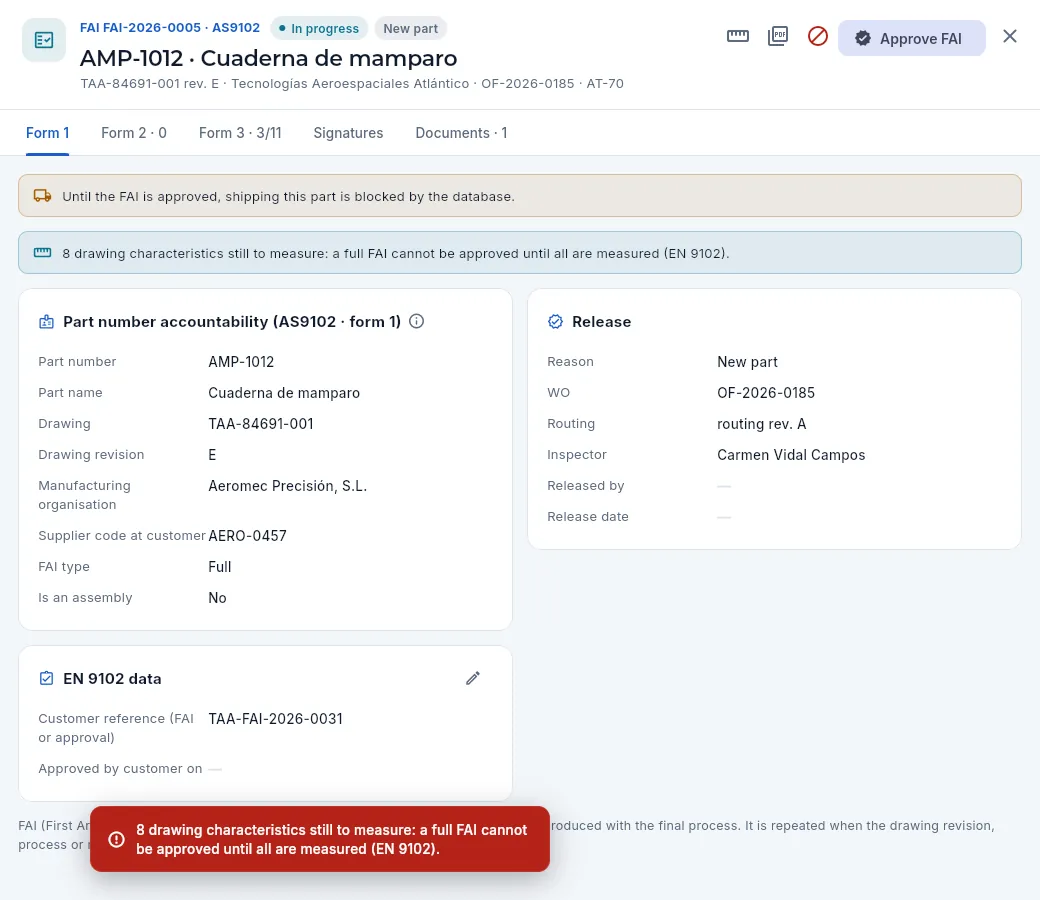 Approving the full FAI of AMP-1012 with characteristics not measured: Aeromec says how many are missing and does not approve it.