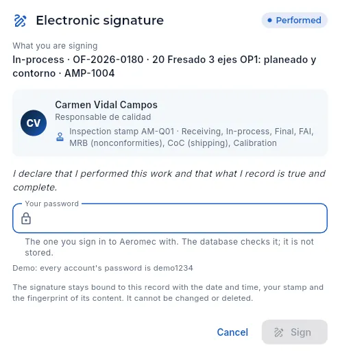 Signing an in-process inspection: the dialog that appears when you click Record (not signed).