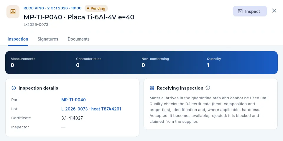 A pending receiving inspection: a titanium plate with its heat and its certificate.