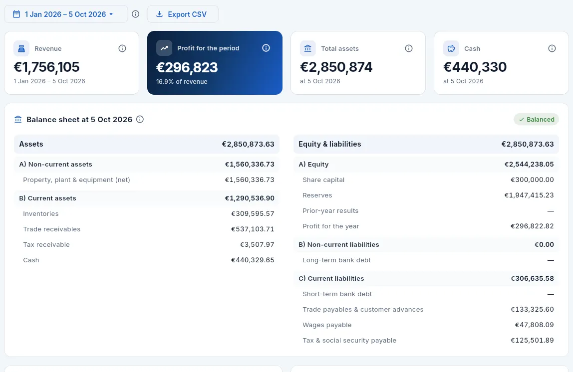 Balance & P&L for this year: the key figures and the balance sheet.