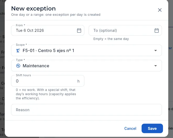 New calendar exception, already scoped to the machine.