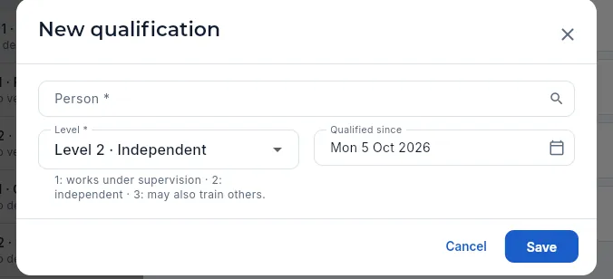New qualification on the centre: person, level and date.