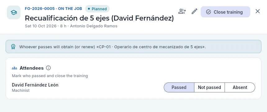 David's requalification, with «Passed» selected (not closed).