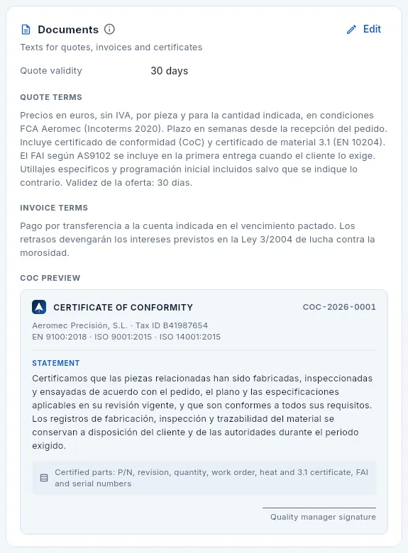 The «Documents» card: quote validity and terms, invoice terms and the CoC statement.