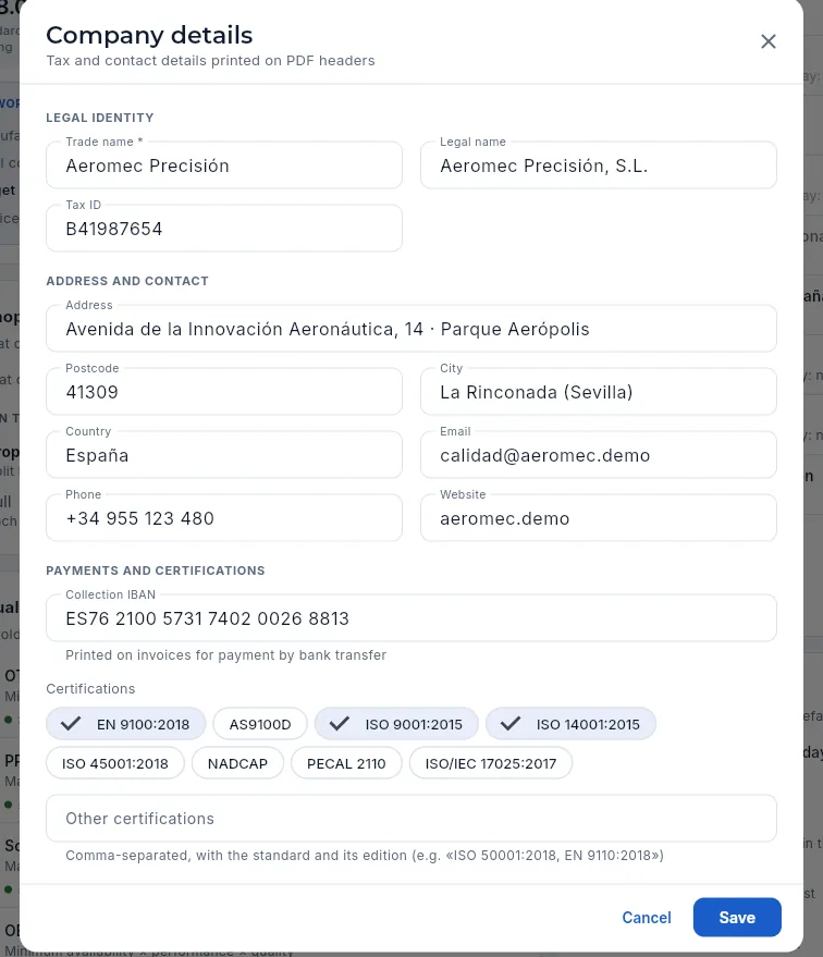 The form with the company details.