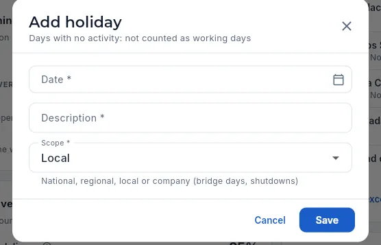 Add holiday: date, description and scope.