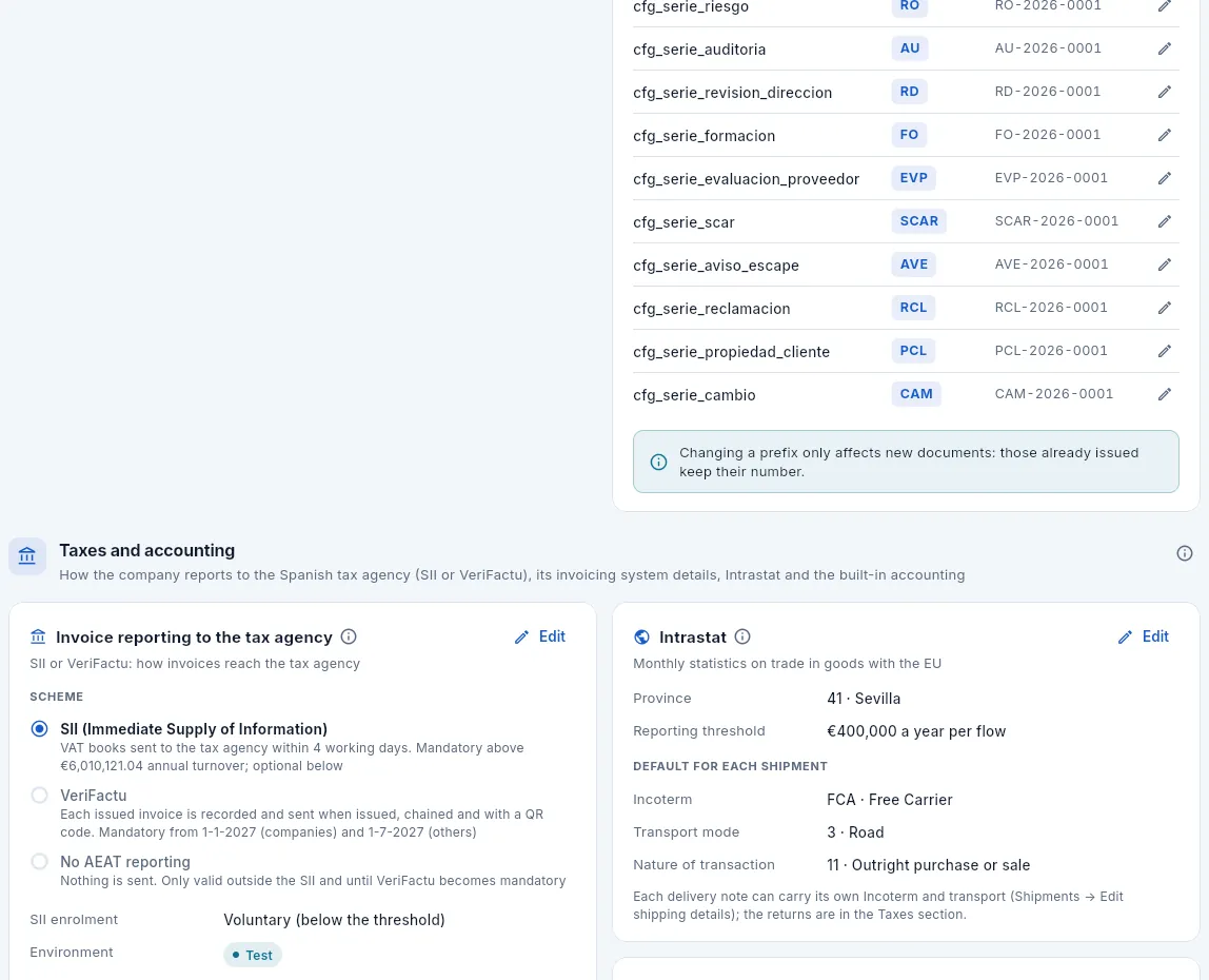 The «Taxes and accounting» block: Tax Agency and invoicing system on the left; Intrastat and accounting on the right.