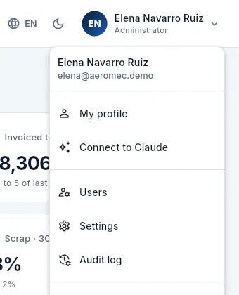 Settings is opened from your user menu.