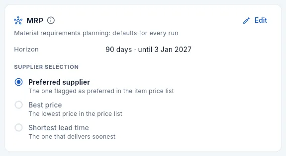 The default values for material requirements planning.