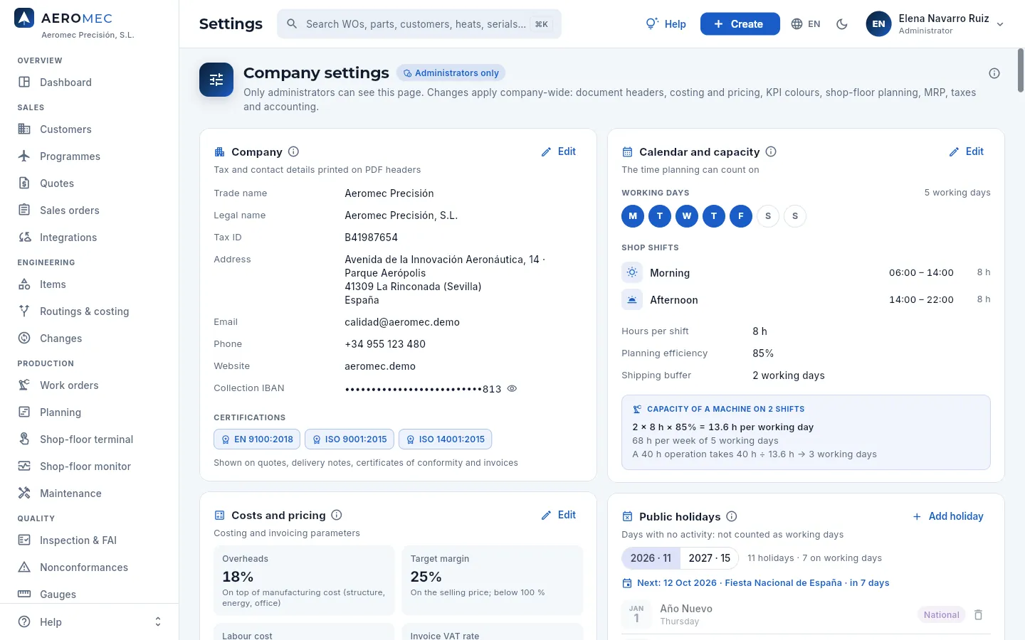 Company settings: the header and the first cards, Company and Calendar and capacity.