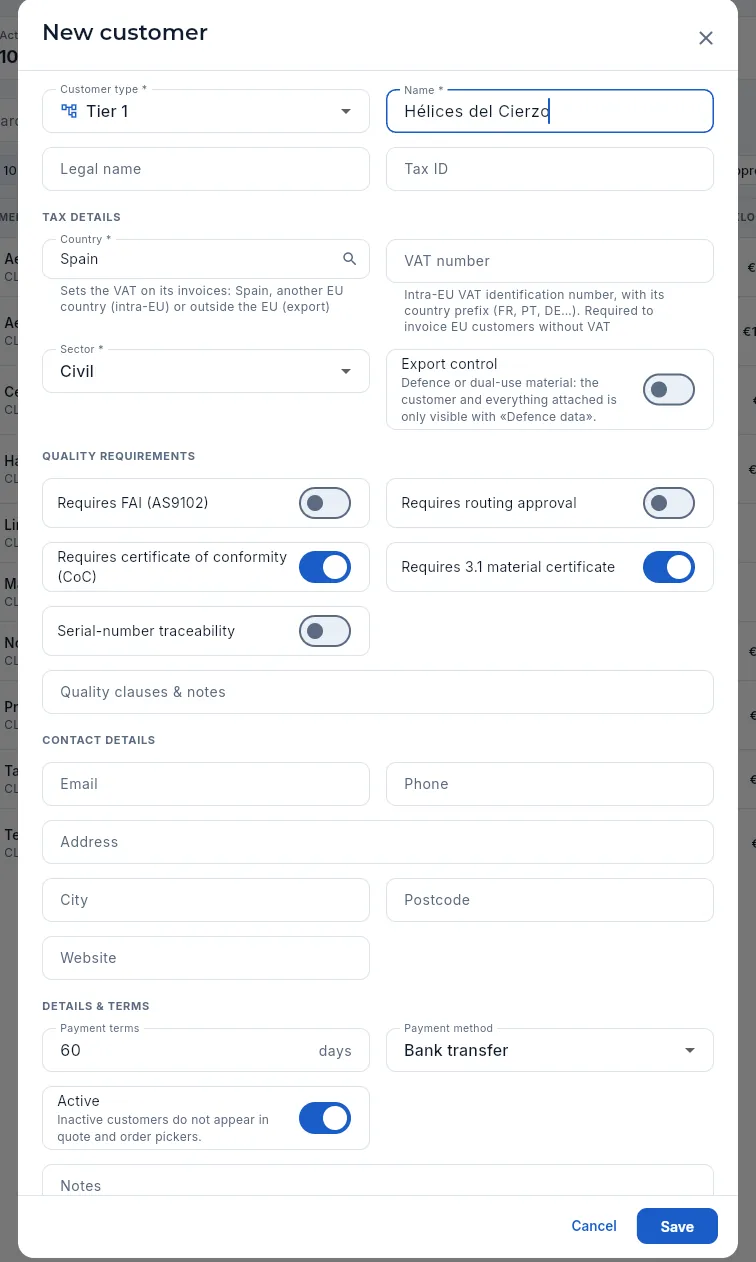 The «New customer» form (not saved).