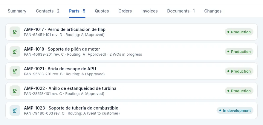 The «Parts» tab: the customer's references that Aeromec makes.