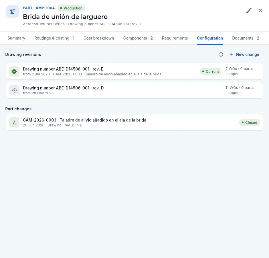 Items → AMP-1004 → Configuration: the drawing revisions and their changes.
