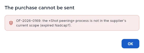 On clicking «Send to supplier»: the purchase cannot be sent.