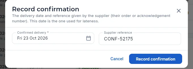 Recording the supplier's confirmation (not saved).