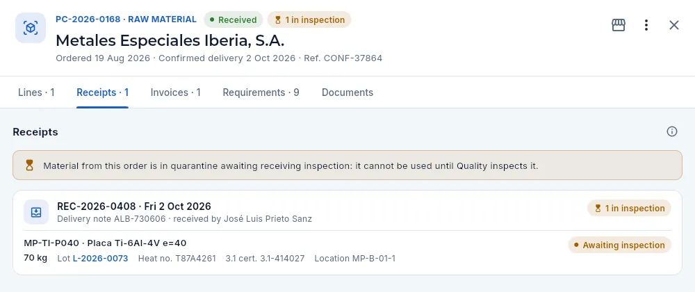 The receipt in inspection as Inés (Purchasing) sees it.