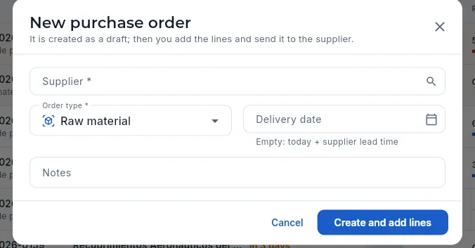 Creating an order: it is created as a draft.