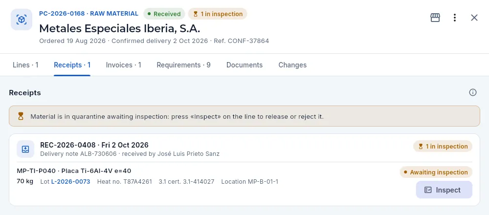The receipt of a titanium plate, in quarantine awaiting inspection.