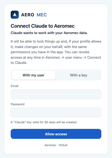 The Aeromec page Claude opens when you click «Connect»: with your user…