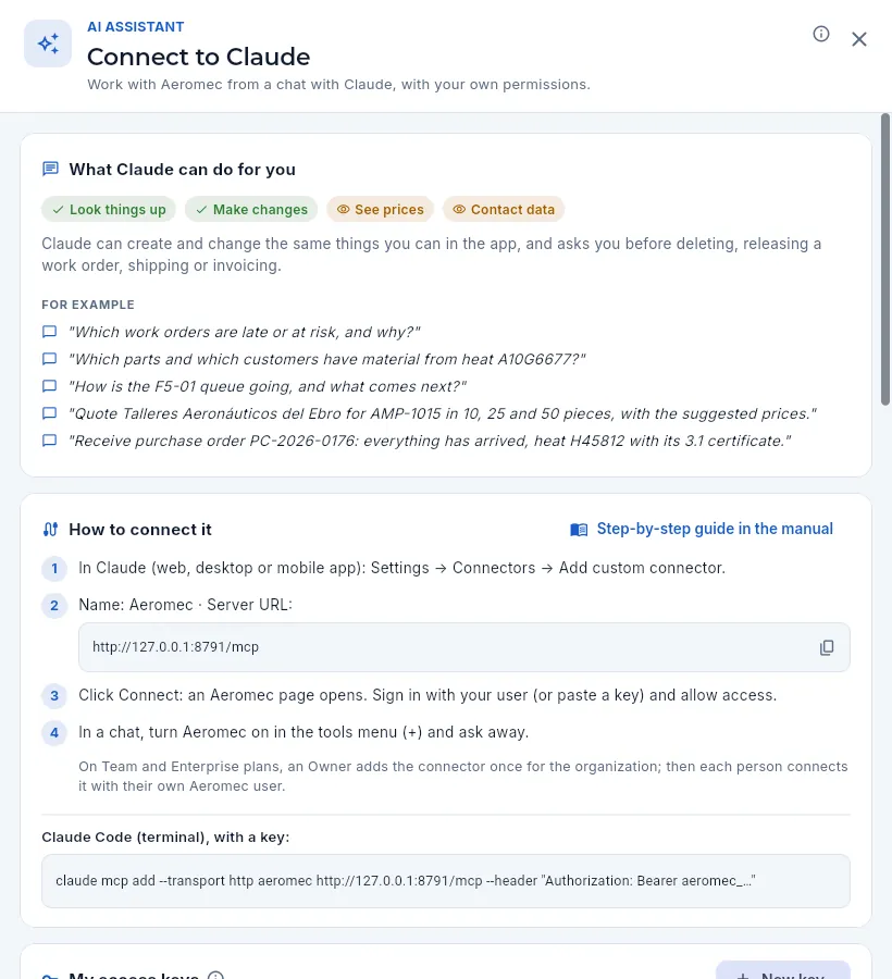 Marta's «Connect to Claude» panel, from the Sales profile.