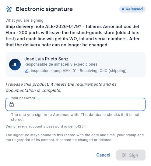 Shipping a delivery note: the signature of José Luis (Warehouse) with his shipping stamp, not signed.