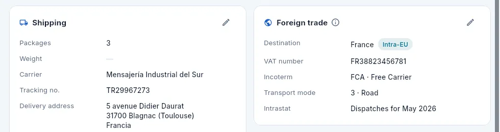 A delivery note shipped to Maintenance Aéronautique Garonne: the shipping data and its foreign trade.