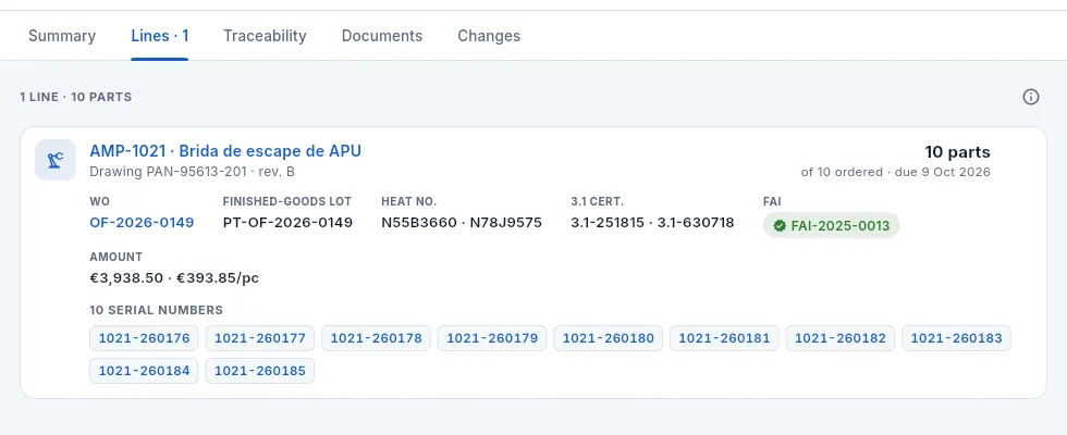 The «Lines» tab of a shipped delivery note: each line with its work order, lot, heats, certificates and serials.
