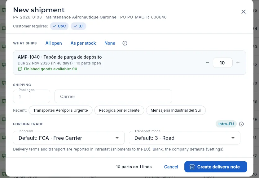 Preparing the delivery note for an order from Maintenance Aéronautique Garonne (Toulouse), without creating it.