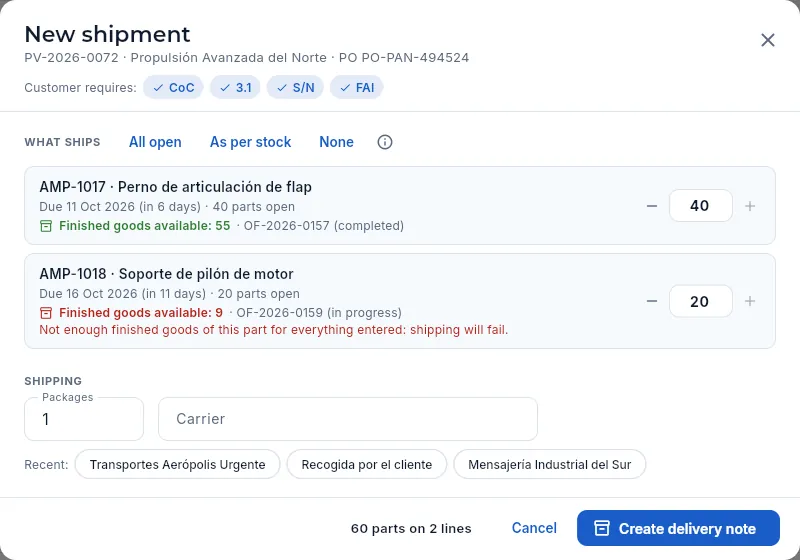 Preparing the delivery note for an order from Propulsión Avanzada del Norte (not created): one line does not have enough finished goods.