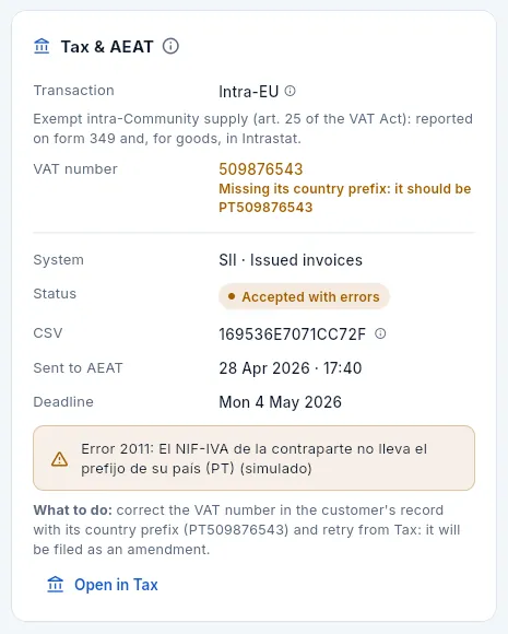The «Tax & AEAT» card of that invoice.