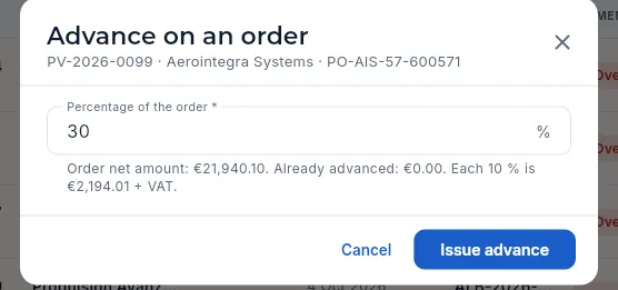 Advance on an order: the percentage and, below, the order net amount and what has already been advanced.
