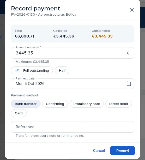Record payment: the amount suggests what is outstanding and does not allow going over it.