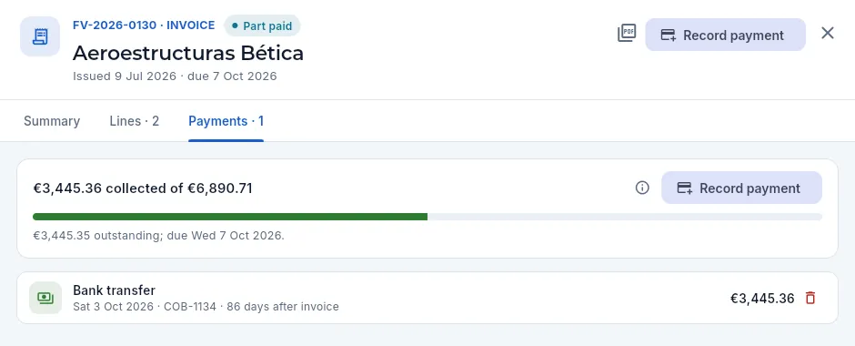 «Payments» tab of an invoice with a part payment.